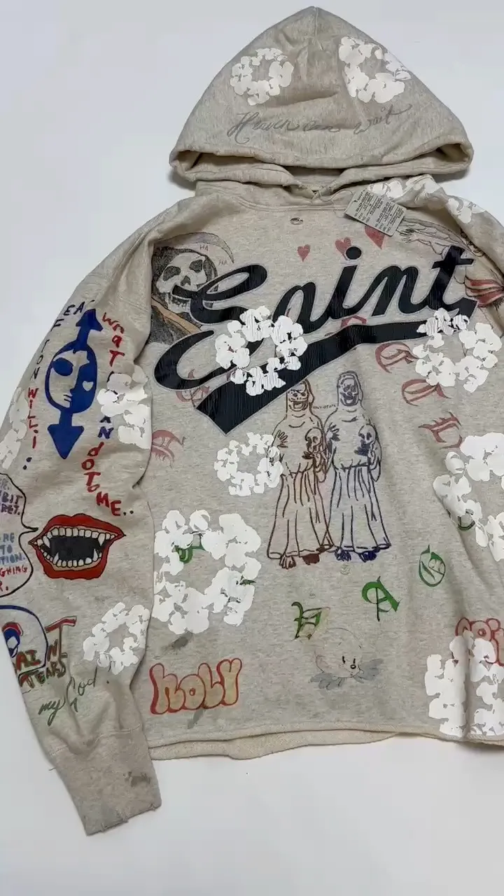 DENIM TEARS × ©SAINT M×××××× "SAINT TEARS" Graffiti Hoodie Joint Model Cotton Graffiti Hoodie Fully Printed Washed Distressed Holes Vintage Sweatshirt Gray S-XL Super Heavy Duty! The whole piece is printed with 35 screens and counterpoint printing!